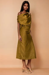 GG4131 One-shoulder Satin Drape Midi Dress